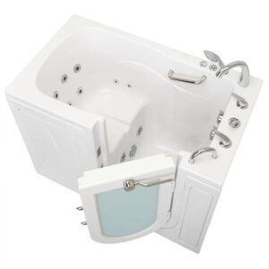 Monaco Acrylic 52 in. Walk-In Whirlpool Bath in White with 5 Piece Fast Fill Roman Faucet Set and Right 2 in. Dual Drain