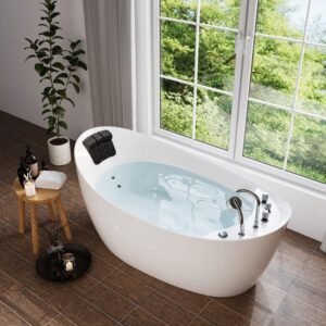 67 in. Right Hand Drain Acrylic Freestanding Flatbottom Whirlpool Bathtub in White with Faucet - Water Jets