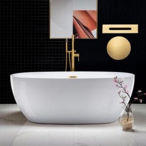 67 in. X 31.5 in. Acrylic FlatBottom Double Ended Soaking Bathtub in White with Brushed Gold Overflow and Drain