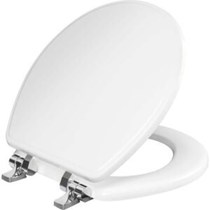 Weston Round Soft Close Enameled Wood Closed Front Toilet Seat in White Never Loosens Chrome Metal Hinge