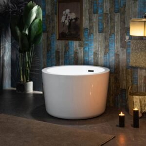 41 in. Acrylic FlatBottom Round Japanese Soaking Bathtub with Matte Black Overflow and Drain Included in White